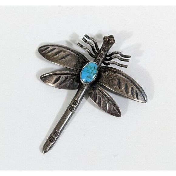 Turquoise Dragonfly Shaped Insect Sterling Silver Brooch Southwestern Pin - Picture 1 of 11
